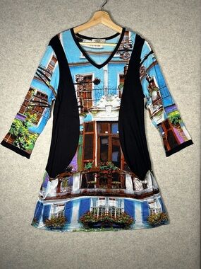 Orientique Naturally Australian Art Deco V-Neck Tunic Top Mini Dress Scenery S